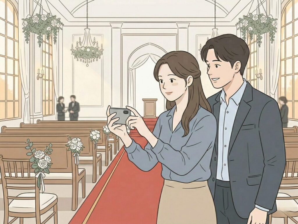 結婚式場で写真を撮影するカップル