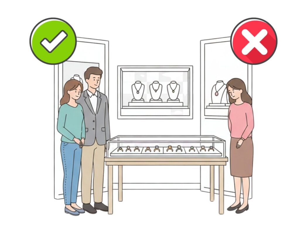 ジュエリーショップに1人で来店している女性とカップルで来店している人