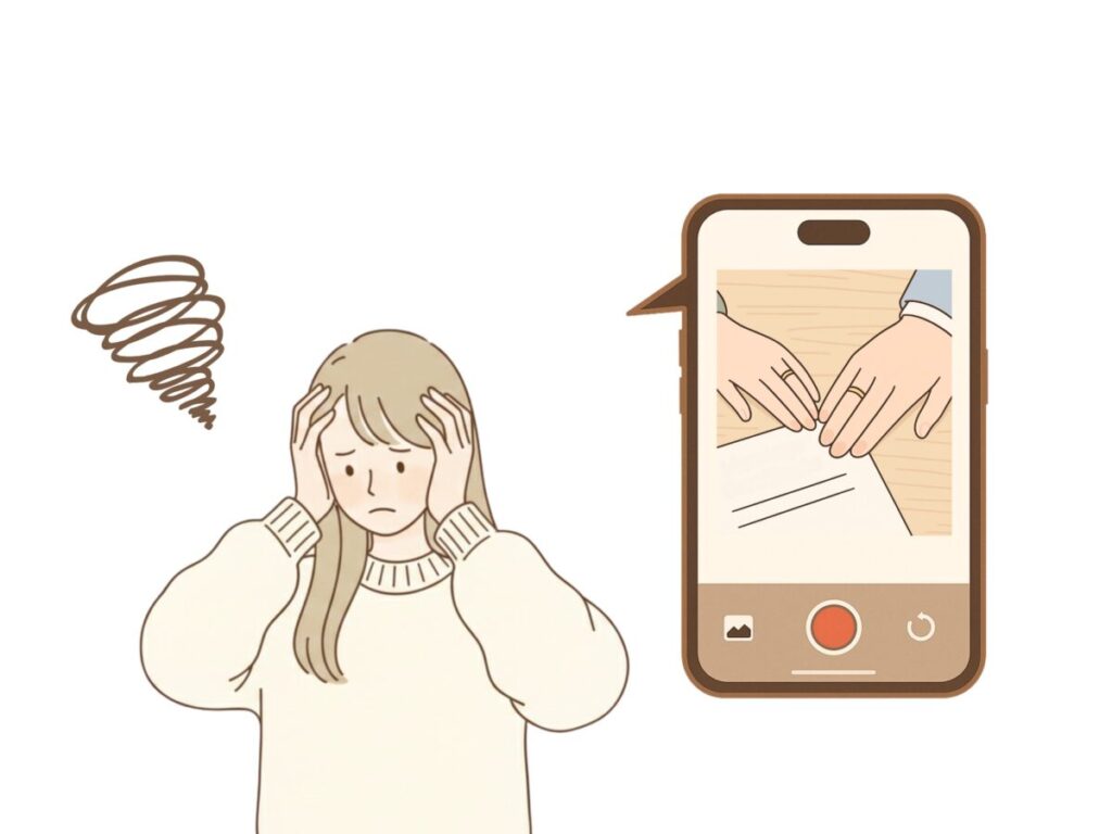 来店証明写真の撮り忘れに気付き焦る女性