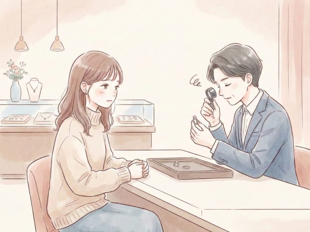 指輪の査定をしてもらっている